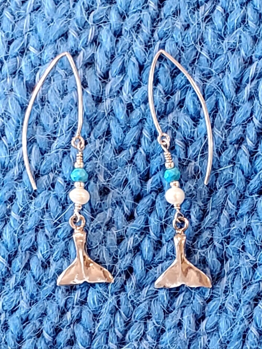 925 Silver Whale Tail Genuine Pearl Pierce Dangle Earrings Silver+Tuquoise Beads